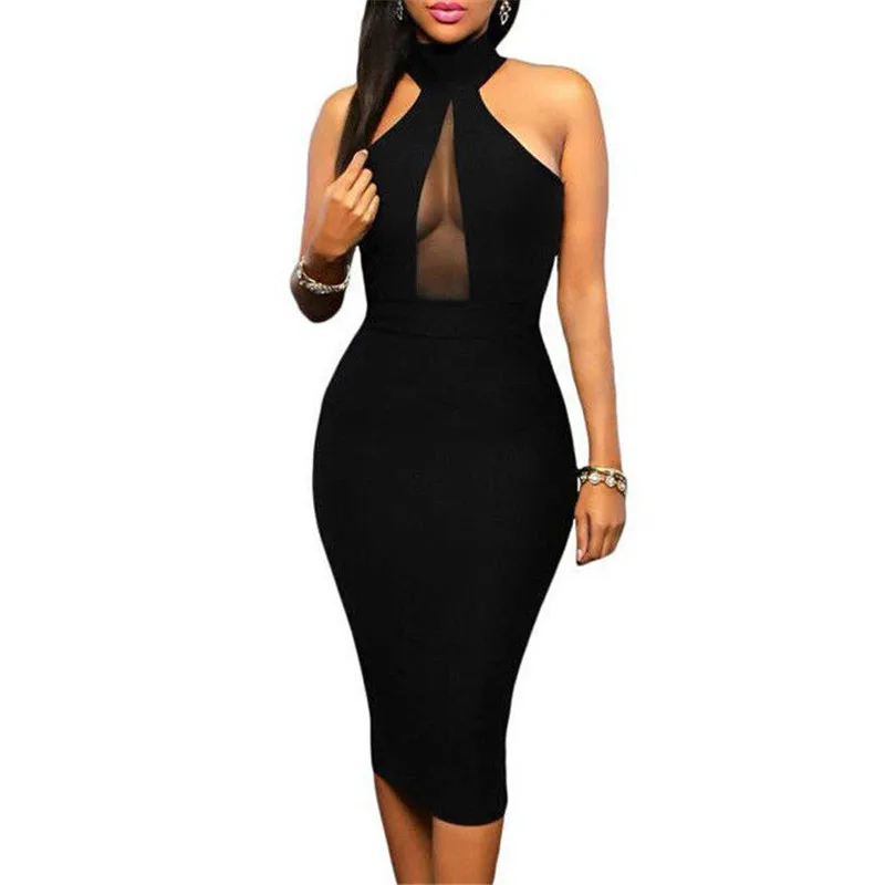 

Sexy Women's Beaded Mesh Sheer Pencil Dress Bodycon Sleeveless Evening Clubwear Party Dress Female Vestidos Balck Halter Dresses