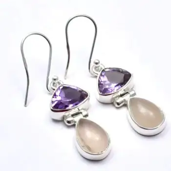 

Genuine Rose Quartz + Amethyst 925 Sterling Silver Earrings,43 mm, 2SE0316