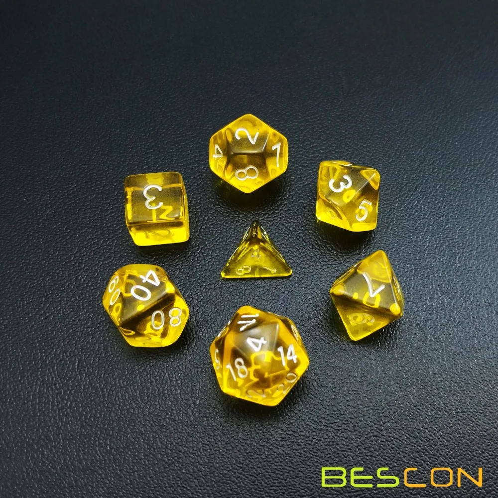 Bescon мини-полупрозрачный многогранные ролевые игры Набор Игральный костей 10 мм, ролевые игры Набор Игральный костей D4-D20 носки без пятки, прозрачный желтый