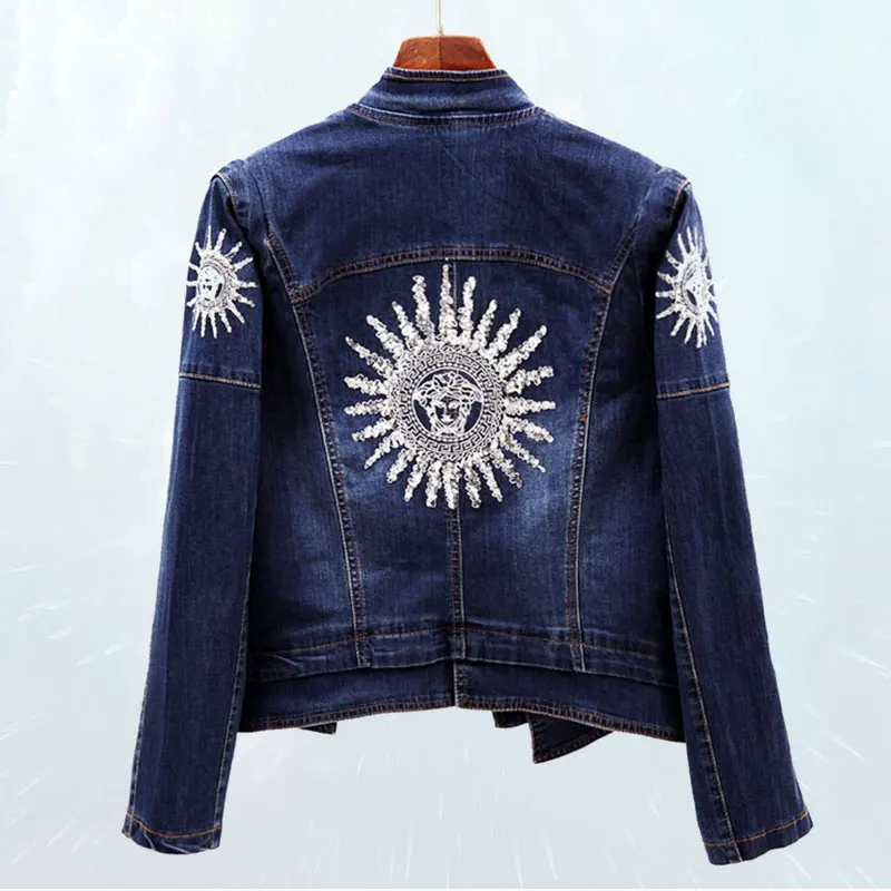 

casaco feminino Fashion Sequins Stretch Slim Denim Jacket 2019 New Spring Autumn Jacket Women embroidery Basic Jeans Outwear 102