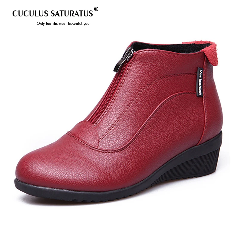 

Cuculus Ankle Boots Women Autumn Winter Leather Boots Fashion Flats Casual Ankle Boots For Women Round Toe Zip Boots 1593