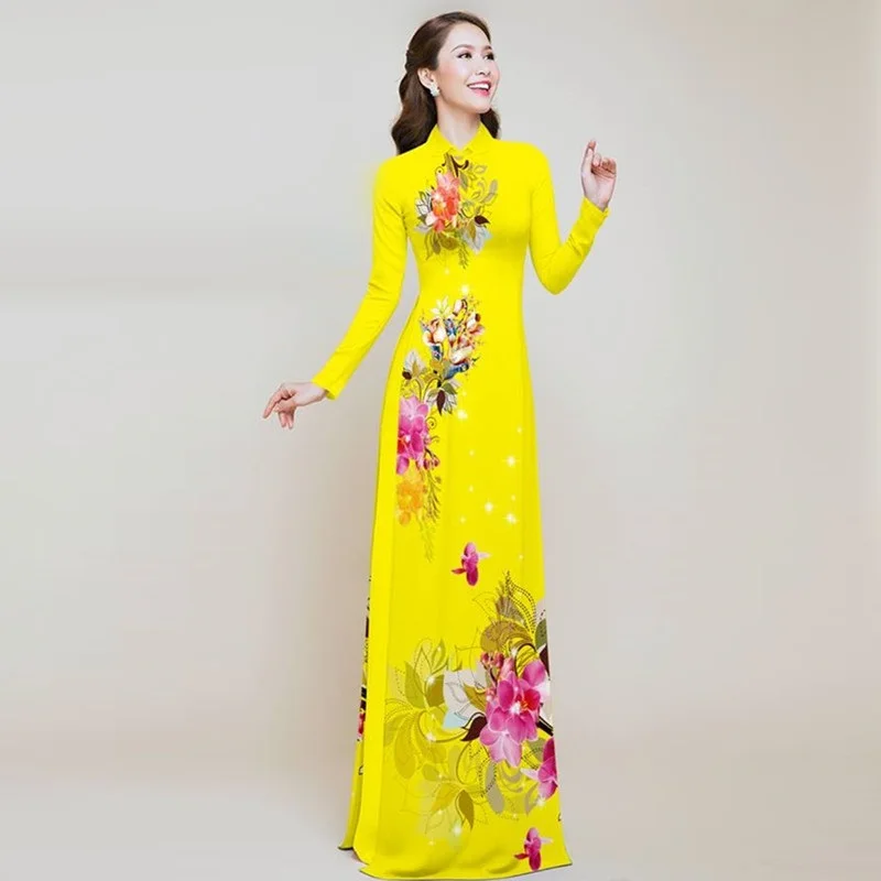 Aodai вьетнамская одежда cheongsam aodai вьетнамское платье вьетнамское традиционное платье с длинными рукавами cheongsam современного размера плюс - Цвет: yellow