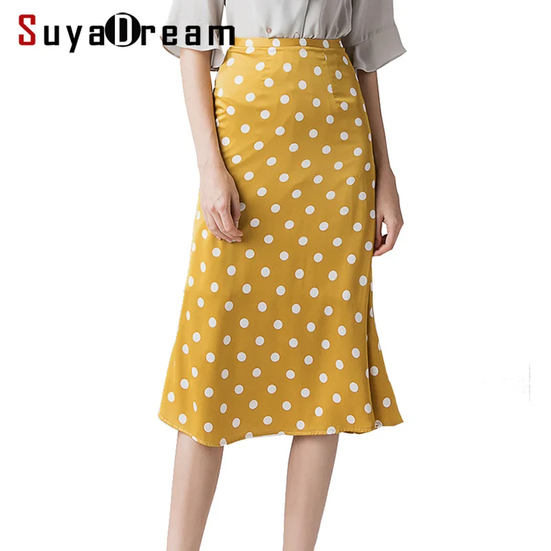 

Women Skirt 100%Real Silk Lining Dots Printed Slim Skirts Mid-Calf Length Skirts 2019 Spring Summer New Office Lady Yellow