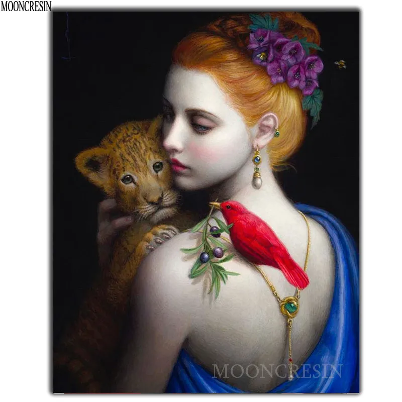 

5D Diy Diamond Painting Cross Stitch Woman Holding Tiger Needlework 3D Diamond Embroidery Full Round Mosaic Decoration Resin Kit