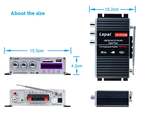 블루투스 Lepy LP - A7USB 파워 앰프, 12V3A 전원 및 오디오 케이블 포함, 가정용 차량용 다기능 FM SD USB MP3 플레이어 2
