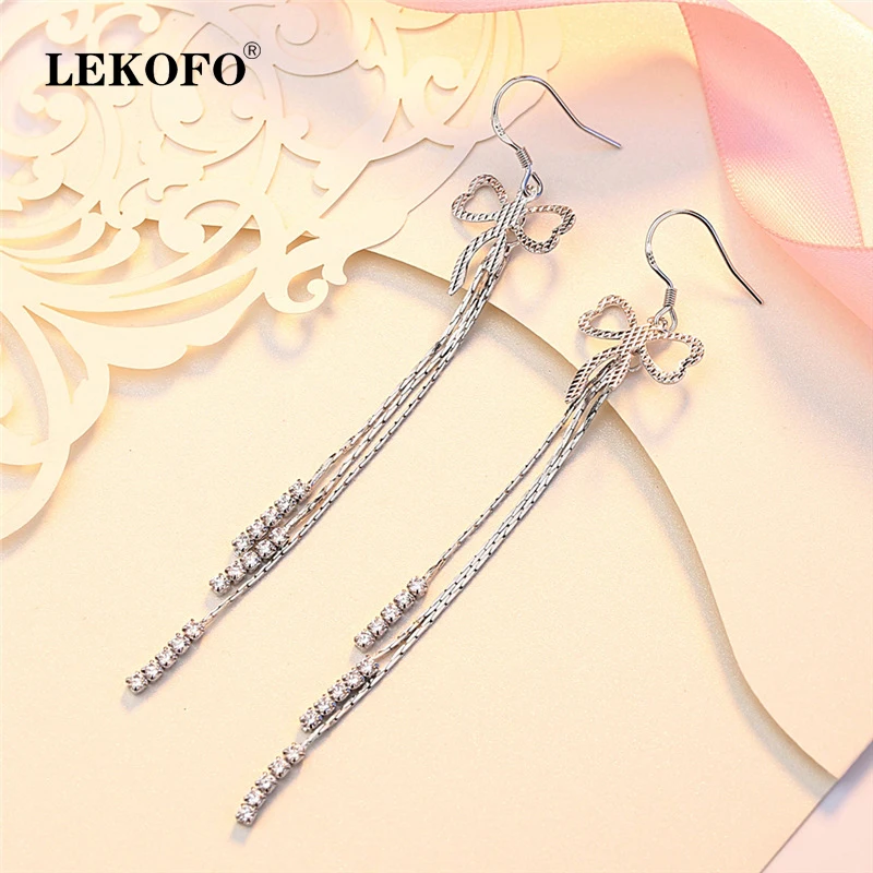 

LEKOFO New Luxury Crystal Long Tassel Earrings Fashion Jewelry Simple Bow 925 Sterling Silver Drop Earrings For Women