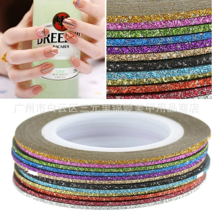 

HOT SELL 1mm 12color Glitter Nail Stripin Line Tape Sticker Set Art Decorations DIY Tips For Polish Nail Gel Rhinestones Decorat