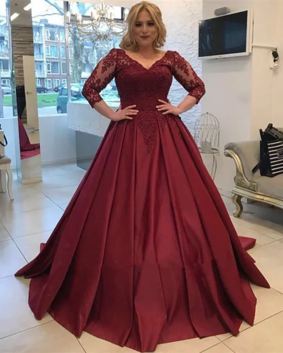 

V Neck Dark Red Ball Gown Prom Dress Half Sleeves Women Pageant Gown Corset Back