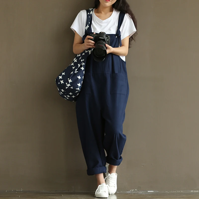 2018 Summer Rompers Womens Jumpsuit 5XL 4XL 3XL Plus Size Overalls Cotton Linen Long Pants Dungarees Black Casual Loose Trousers