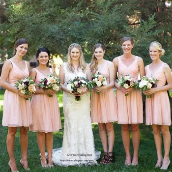 

Cheap Pink Wedding Guest Dresses Chiffon Knee Length Short Bridesmaid Dress 2017 Hot Sell China Robe demoiselle d'honneur