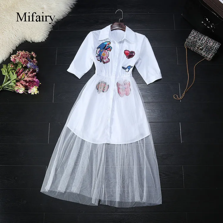 

Mifairy 2017 White/Black Parrot Embroidery Shirts Dress And Mesh Skirts Brand Same Style 2 Pieces Sets C061720