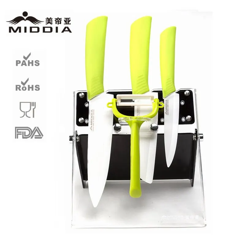 green Middia 5 шт. керамический кухонный нож набор с блок Керамический нож для очистки овощей и фруктов+ сантоку ножи+ нож шеф-повара+ очистки фруктов и овощей - Цвет: green