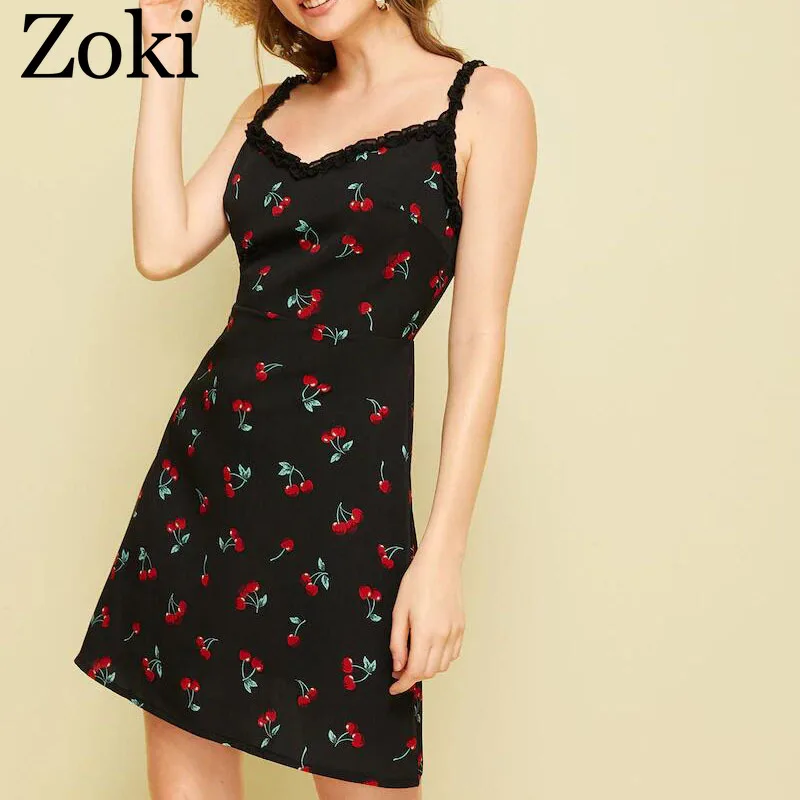 

Zoki Sexy Women Mini Dress Fashion Summer Cherry Print Kawaii Ruffles Black Dress Casual A-line Beach Spaghetti Strap Vestidos