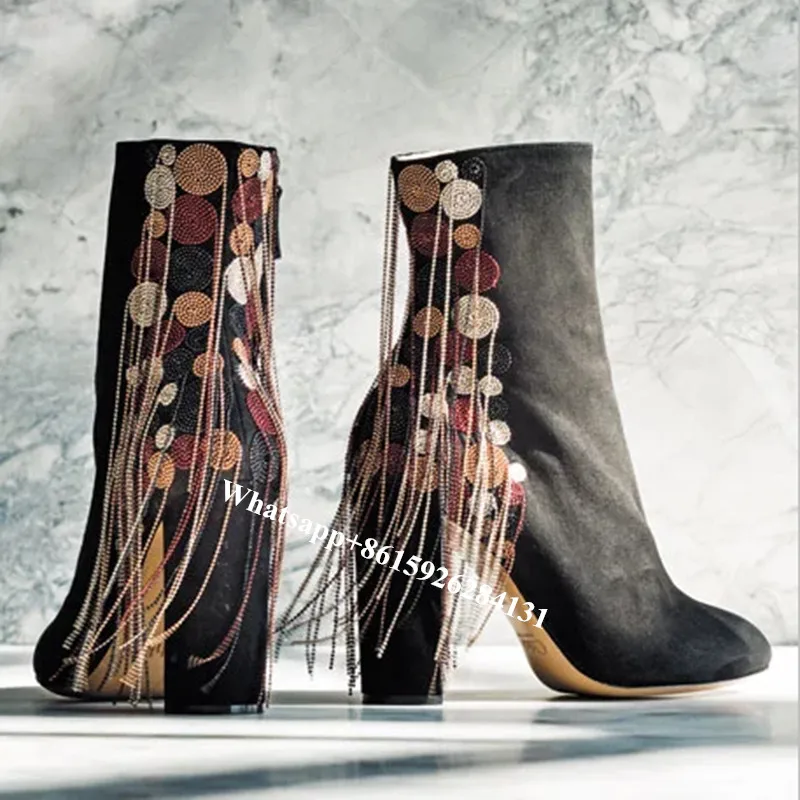 

Black Suede Liv Beaded Shoes Charm Pointed Toe High Chunky Heels Women Ankle Boots Micro-ball Chains Fringed Short Botas Shoes