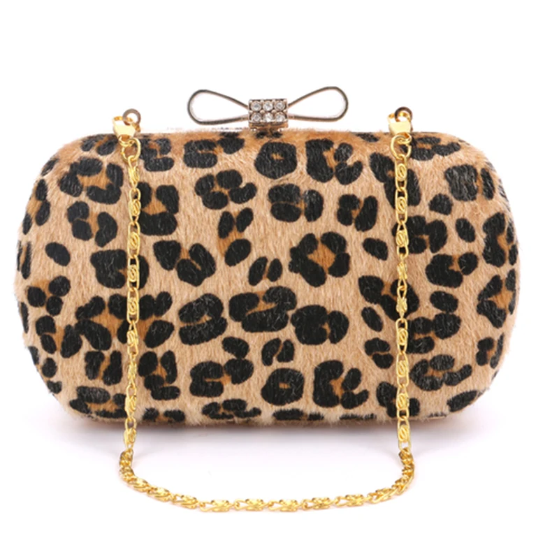 2016 Women Diamonds Bow Handbag Leopard Print Day Clutch Evening Bag