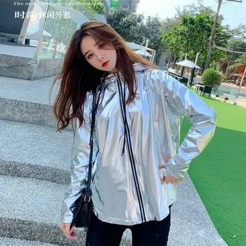 

Bright Silver Jacket Coats Female BF Style hip-hop Brand Spring Short Hooded Jacket 2020 New zipper handsome bomber Jackets 219