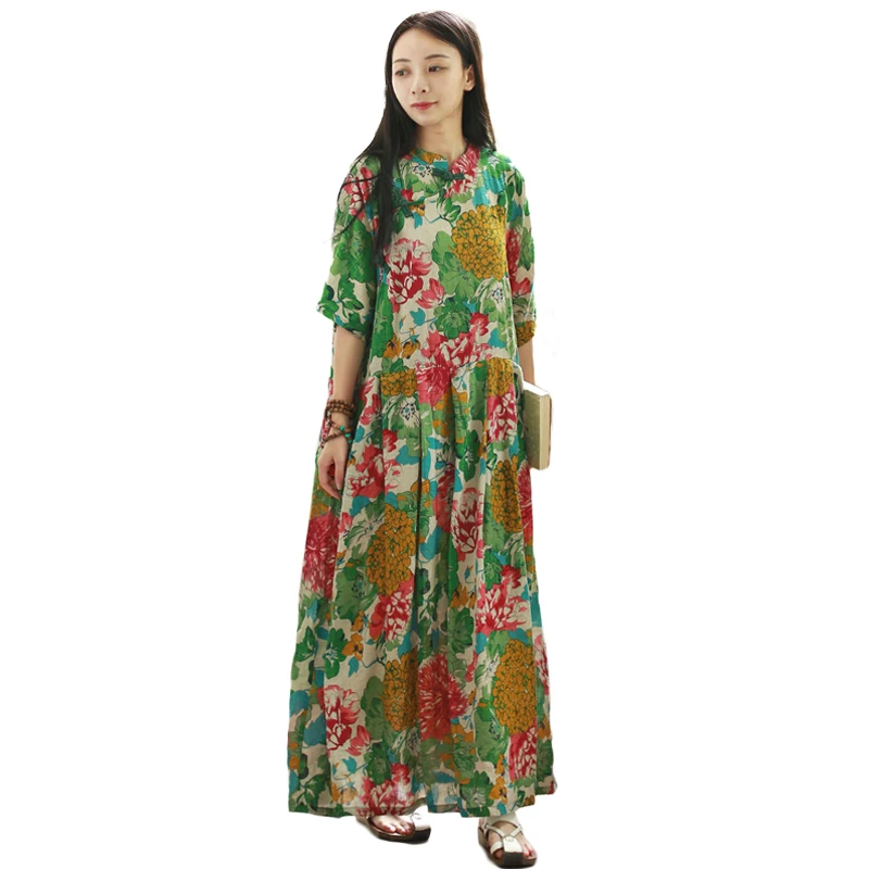 LZJN Plus Size Summer Maxi Dress Long Women Dresses Half Sleeve Mandarin Collar Mori Girl Vintage Robe Loose Vestidos PX1059 LZJN Plus Size Summer Maxi Dress Long Women Dresses Half Sleeve Mandarin Collar Mori Girl Vintage Robe Loose Vestidos PX1059