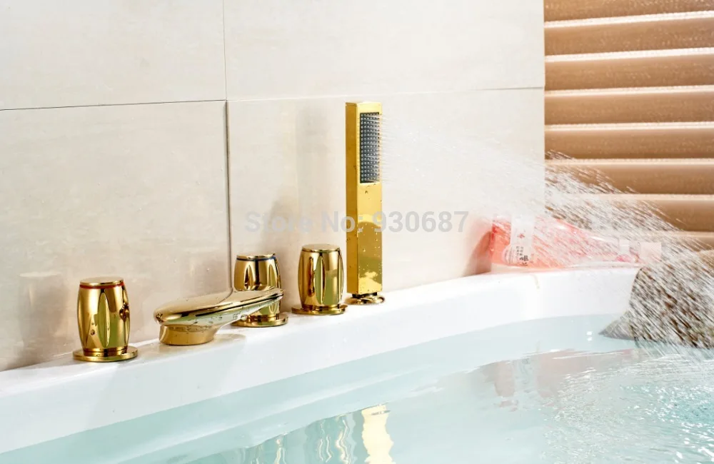 

Luxury Gold-plate Bathroom 5pcs Tub Faucet Three Handles Mixer Tap Countertop