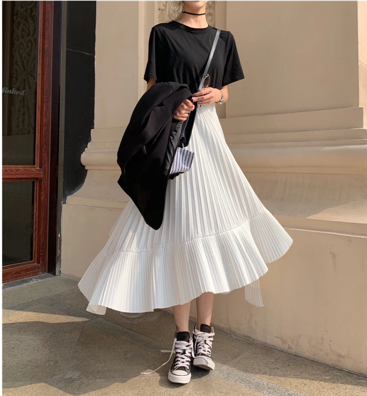 

2019 Autumn New Arrival Korean Irregular Skirt Sweet Pleated Chiffon Skirt Faldas Largas Elegantes Black Skirts Free Shipping