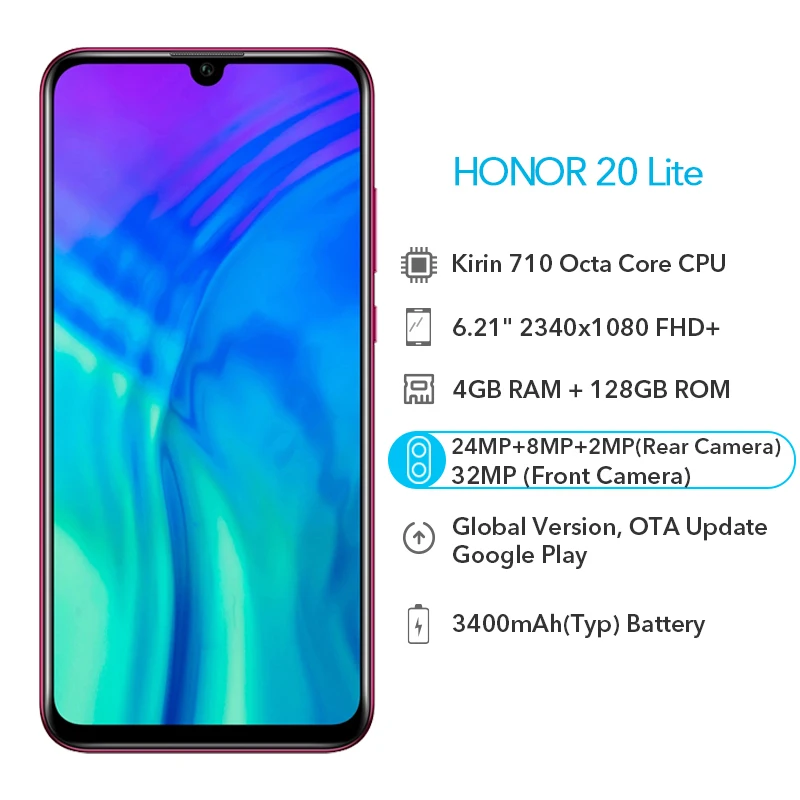 Мобильный телефон Honor 20 Lite глобальная версия 4 ГБ 128 фронтальная камера 32 Мп
