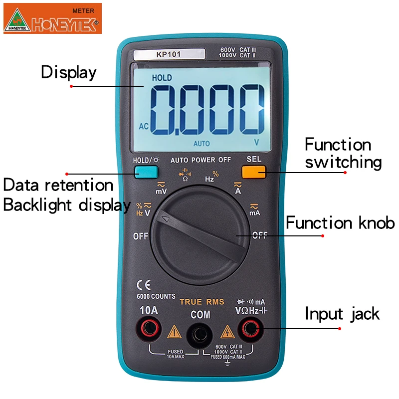 Honeytek Профессиональный цифровой мультиметр 6000 кол-во подсветка AC/DC Амперметр Вольтметр Сопротивление тока с проводом зонд