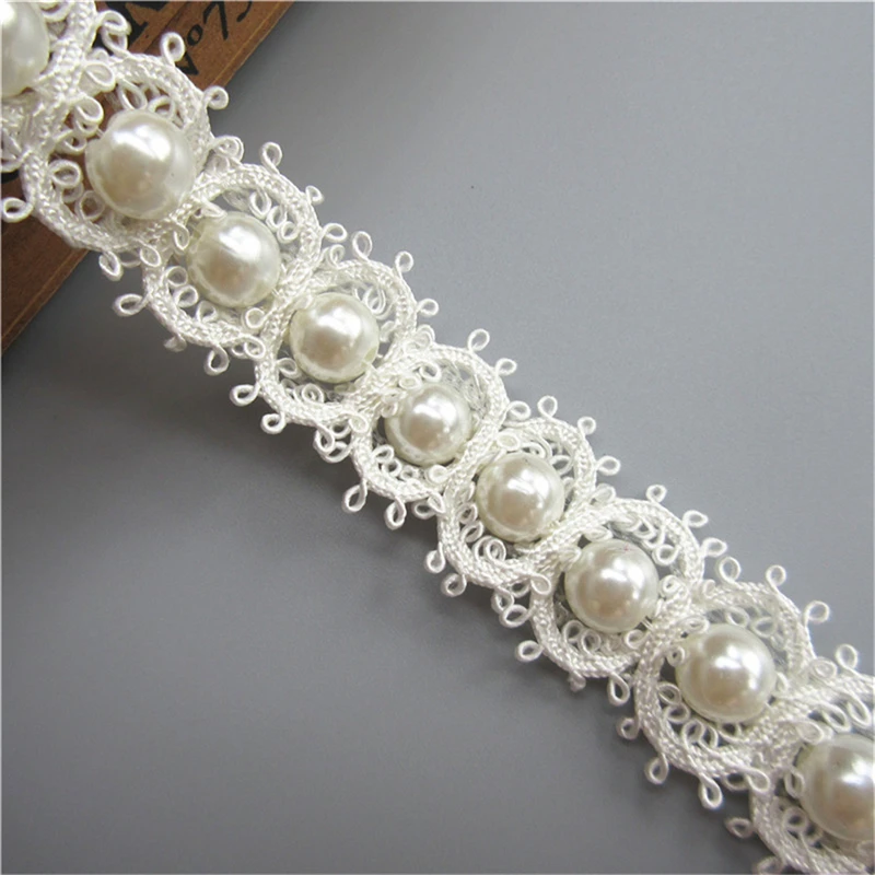 

1 Meter 25mm White Polyester Pearls Lace Edge Trim Ribbon Fabric Embroidered Applique Sewing Craft Crochet Wedding Dress Clothes