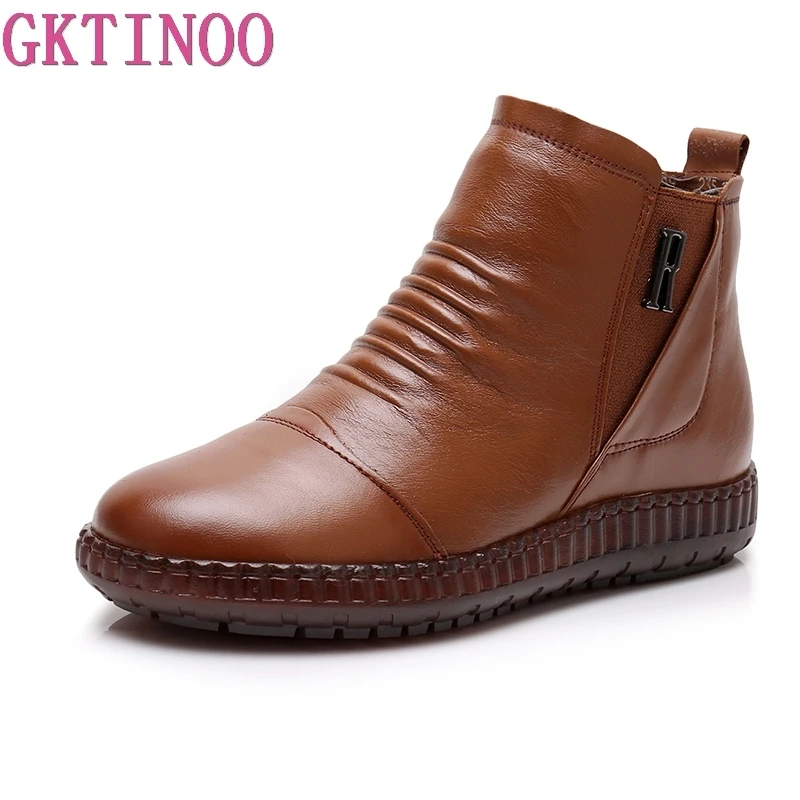 

GKTINOO Genuine Leather Women Shoes Handmade Ankle Boots Warm Velvet Flat Boots Retro Winter Snow Boots Botines Mujer