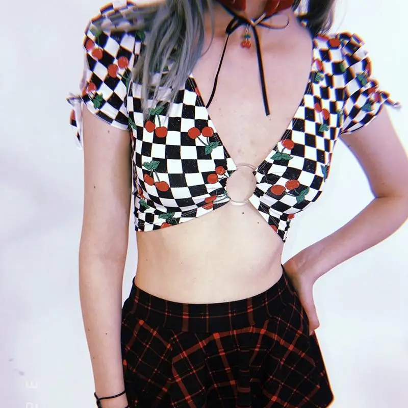 

Bow Tie Camisole Tank Tops Women Summer Basic Crop Top Streetwear Fashion 2018 Cool Girls V-neck Plaid Cropped Tees Short Camis