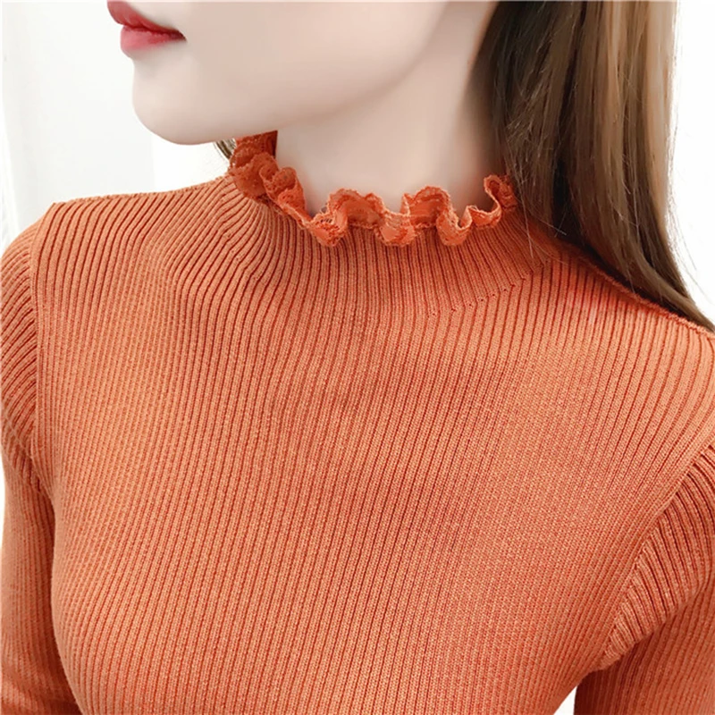 2018 High Elastic Knitted Sweater Women Fall Winter Lace Patchwork Long Sleeve Women Sweaters And Pullovers Female Pull Femme