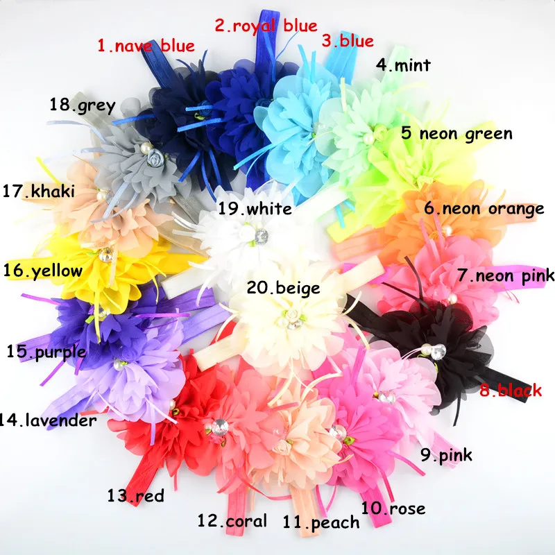 

20pcs/lot 20 Color U Pick 4.3Inch Large Chiffon Fabric Flower With Shimmery Stretchy FOE Headbands girls Shower Gift FDA221