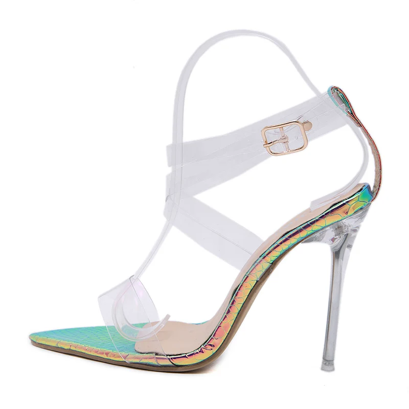 Шикарные Модные женские босоножки; прозрачные босоножки на высоком каблуке со змеиным принтом и прозрачными кристаллами; женские вечерние свадебные босоножки; большие размеры 42 - Цвет: Transparent
