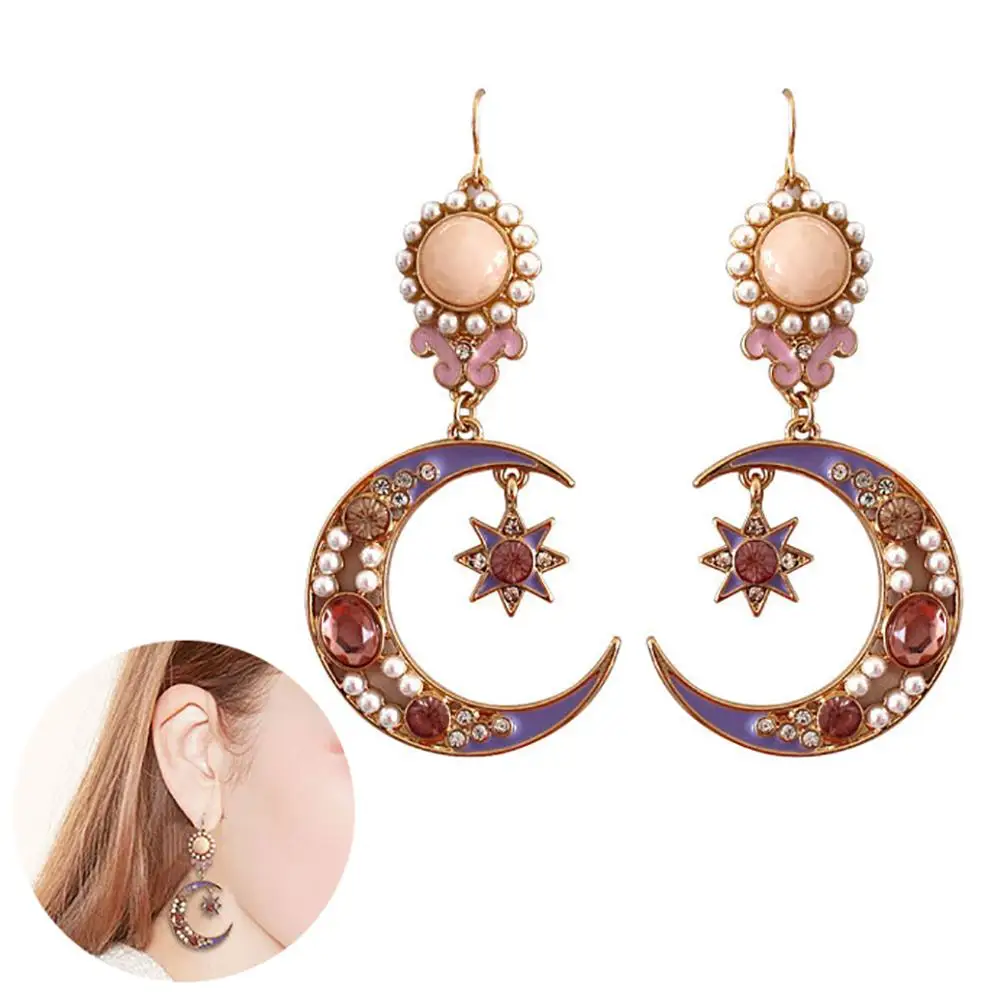 

Colorful Women Fashion Moon Star Faux Pearl Rhinestone Hook Earrings Jewelry