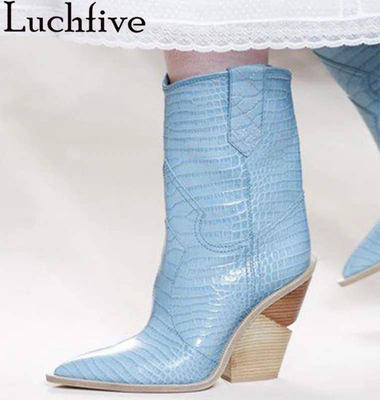 

Blue yellow snake skin Women Boots 2018 Pointed Toe Western Boots Cowboy Boots runway design Chunky Wedges heel Mid-calf Boots