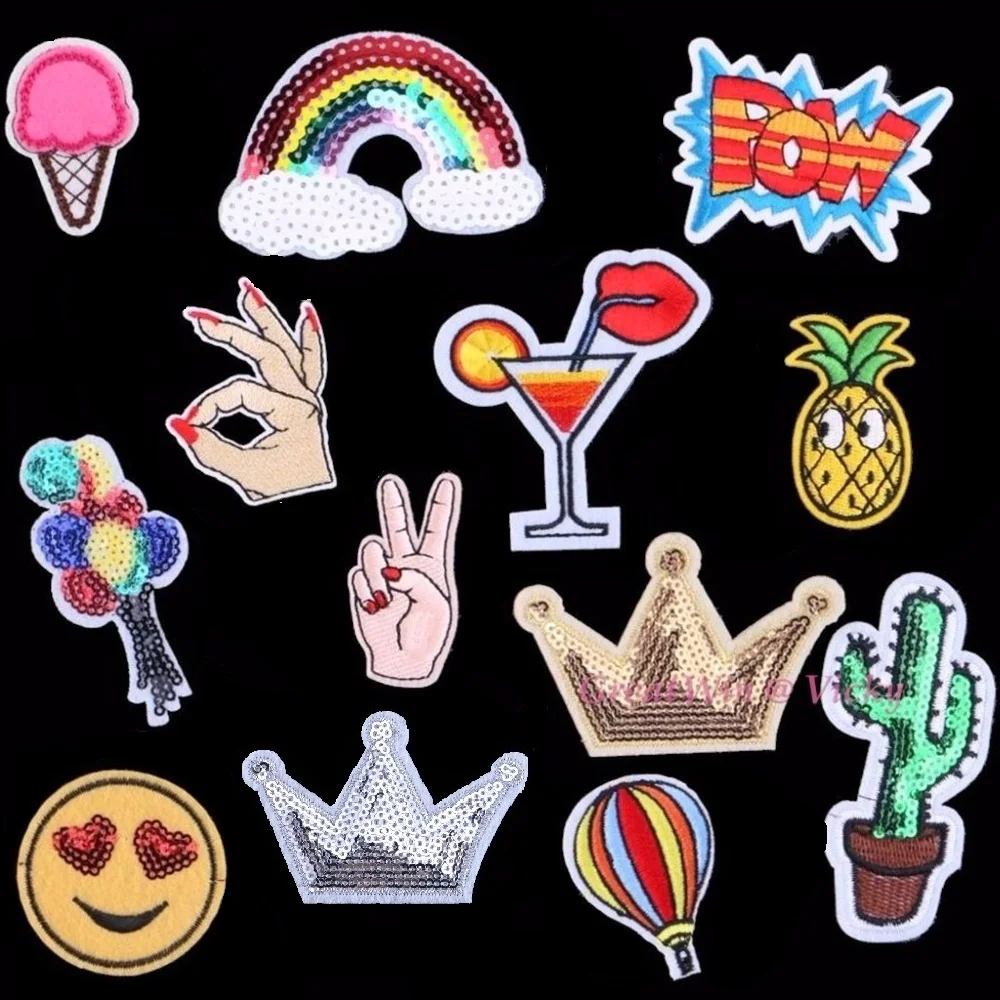 

Pineapple Patch Sewing Clothes Patches Iron On Sequins Crown Motifs Garment Sticker Hot Fix Star Hand Heart Cactus Appliques