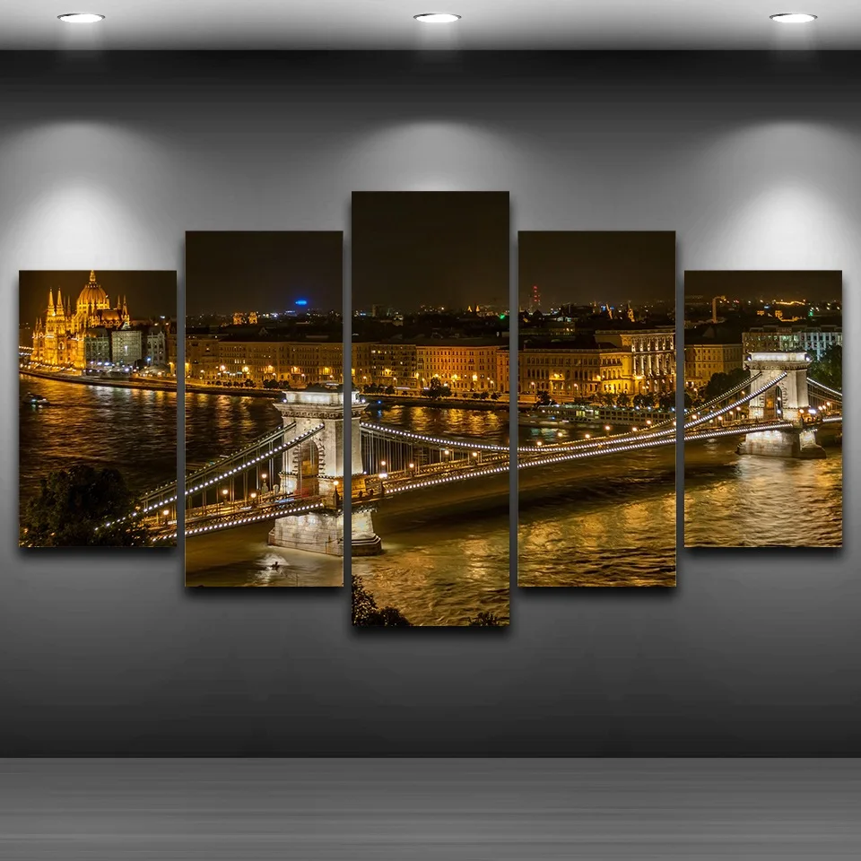 Modular-Vintage-Night-View-Pictures-5-Panel-Hungary-City-Home-Decor-Paintings-On-Canvas-Bridge-Wall