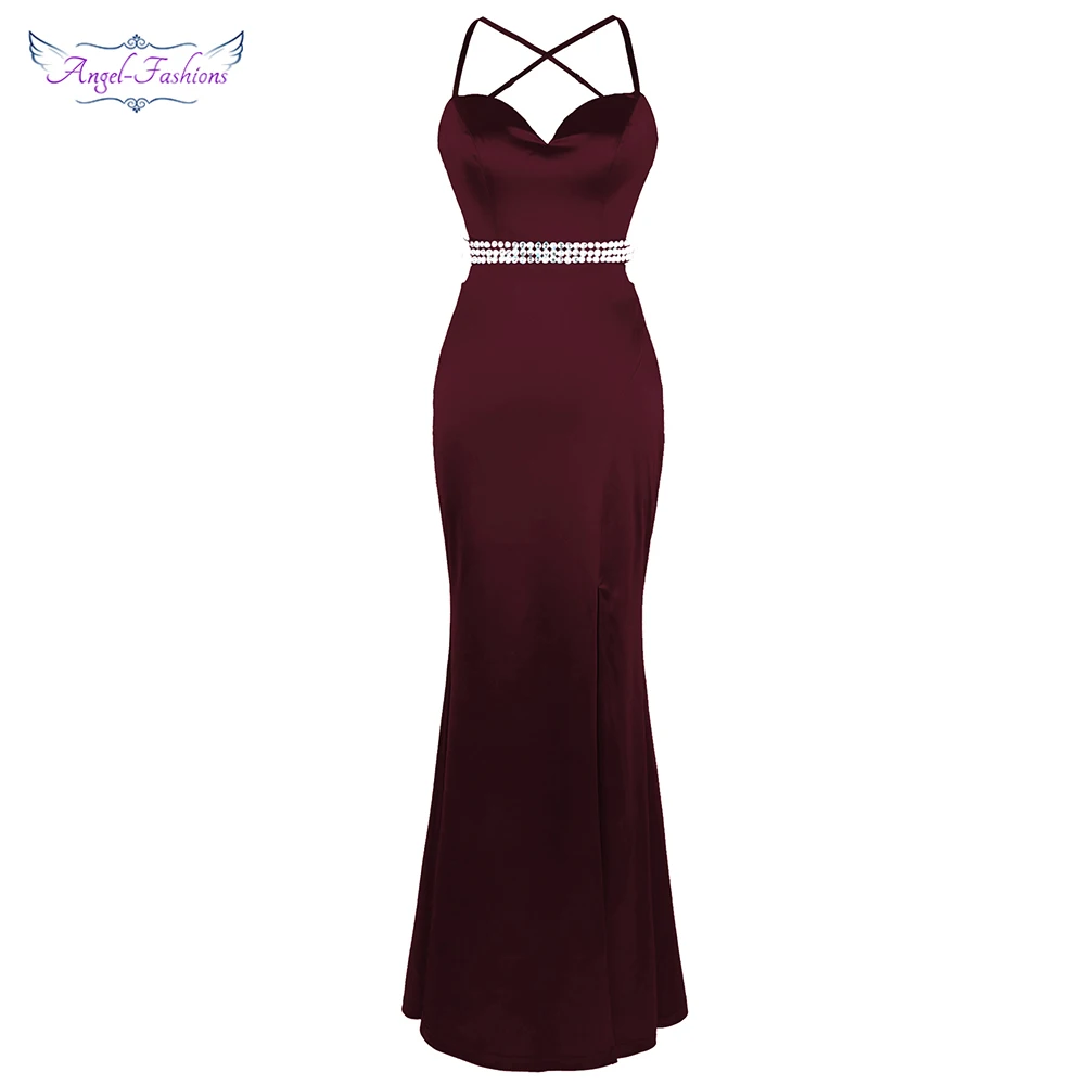 

Angel-fashions Women's Spaghetti Strap Hollow Out Beading Evening Dresses Backless Luxury Birthday Party Gown Wine Red 438
