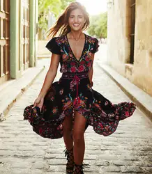 Этническая новинка 2016 модные женские туфли Макси платье с принтом для девочек Длинные высокого качества летнее пляжное шифоновое