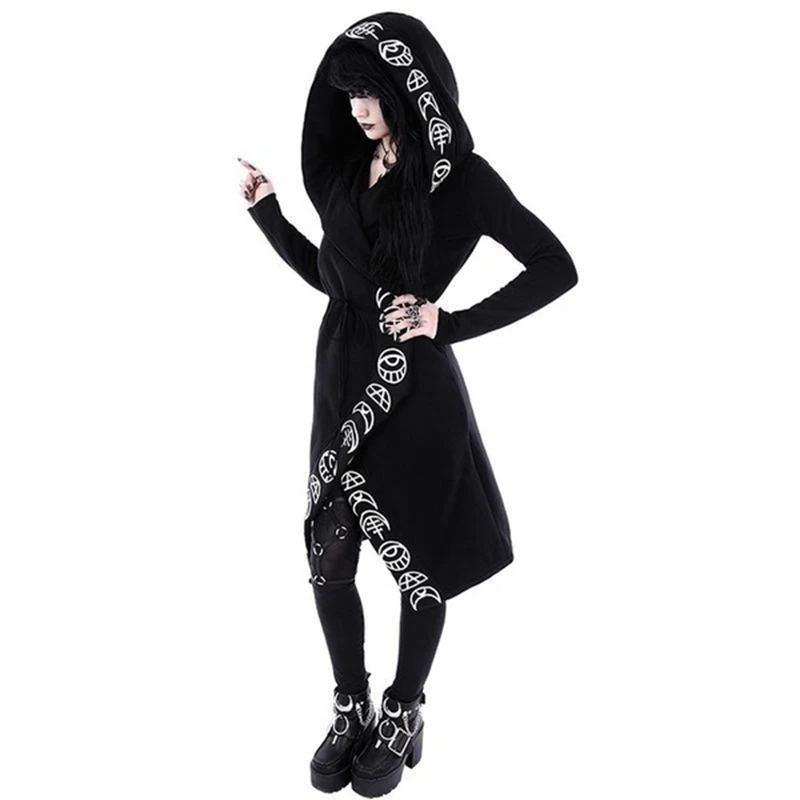 Женская модная Толстовка в готическом стиле панк, Женская куртка, пальто, кардиганы, костюм на Хэллоуин, повседневная черная толстовка с капюшоном, длинная куртка с принтом