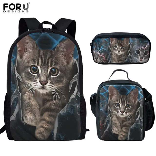 FORUDESIGNS School Bags Student Girls 3pcs 3D Cat Kitty Pattern Orthopedic Satchel Backpack Pencil Book Bag Teenagers Rucksack - Цвет: HX672CGK