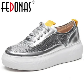 

FEDONAS Women New Flats Platforms Casual Shoes Woman Lace Up Round Toe Glitters Dancing Prom Shoes Fashion Flats Shoes