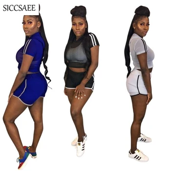 

Mesh Two Piece Set Hoodies Crop Top And Shorts Sets Perspective Striped Bodycon Bodysuit Casual Sexy Outfits Activewear Summer