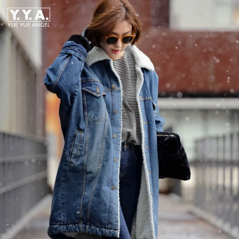 

2019 New Arrival Korean Fashion Ladies Fleece Lined Winter Denim Coat Long Loose Warm Jean Jacket Fur Lining Overcoat Outwear