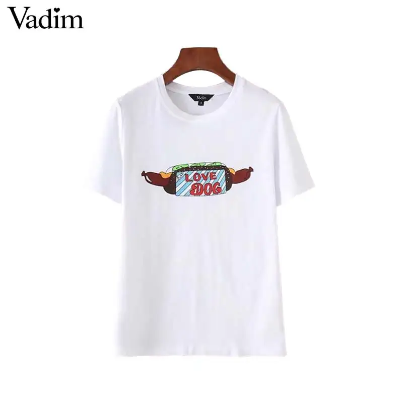 

Vadim cute hot dog pattern print T shirt short sleeve o neck white black tees ladies elegant chic tops camisetas DT1407