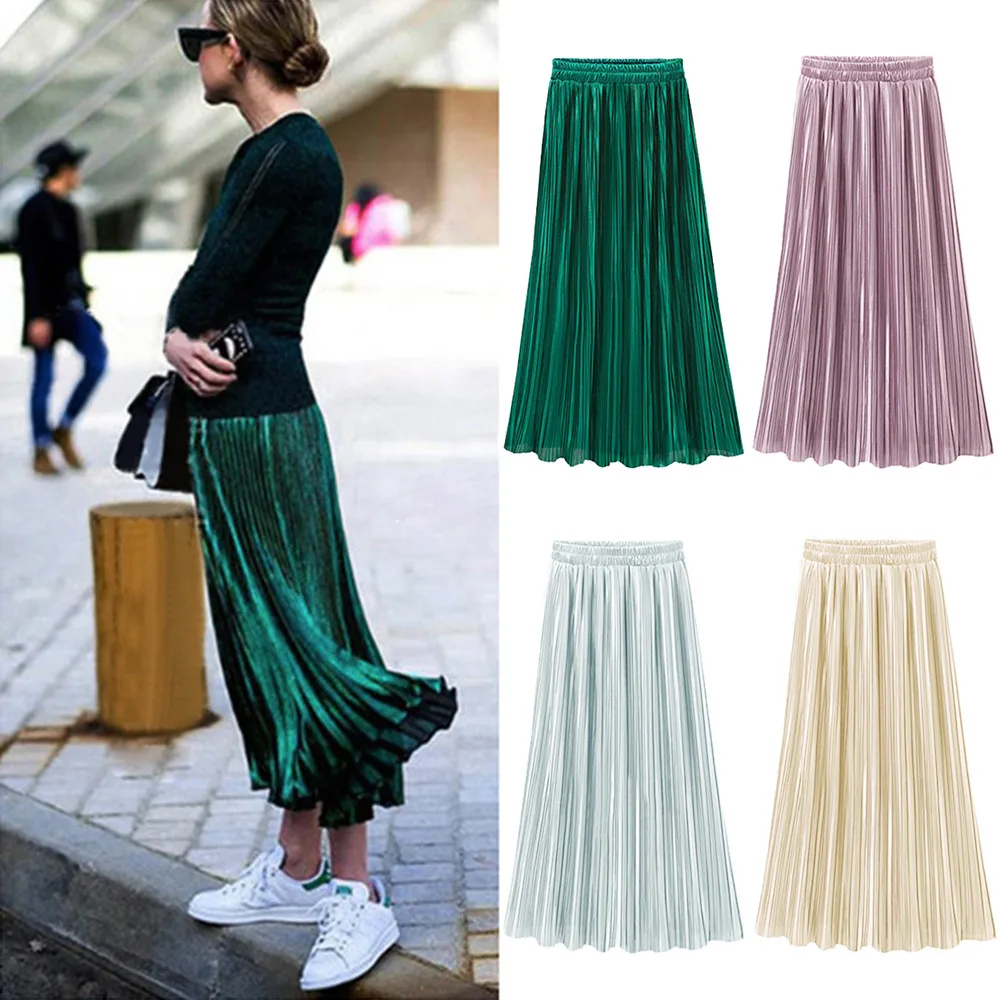 

2018 Women Gold velvet Skirt Fashion Women's High Waist Pleated Solid Color Half Length Elastic Skirt Lady Long Solid Skirt1A07*