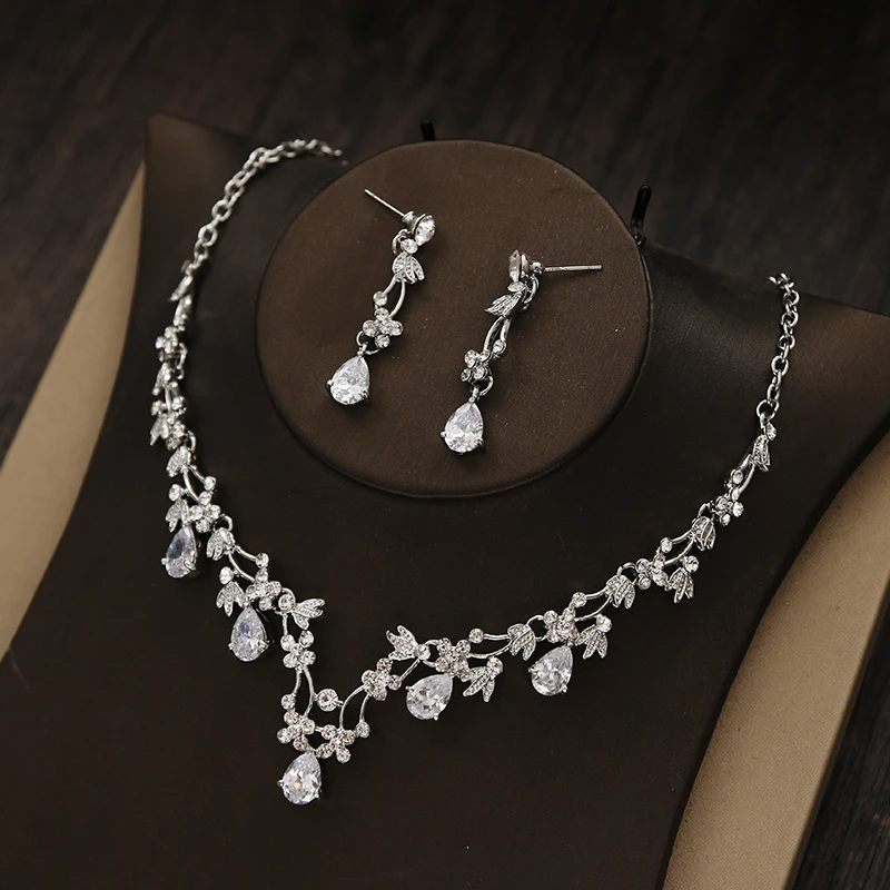 Набор из 3 предметов Diarios de noiva Flor Waterdrop Cor Prata Strass Noiva Colar Brincos Conjunto De Joias