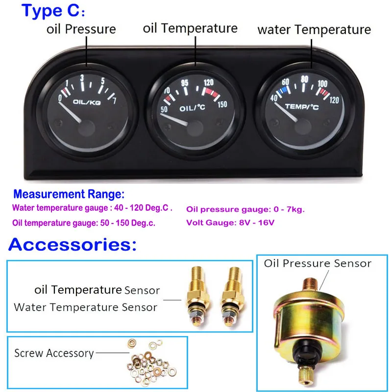 52 мм тройной комплект датчик температуры воды/Температура масла/Датчик давления масла/вольтметр для автомобиля 12 В сенсор 3в1 Автогонки измерительные приборы