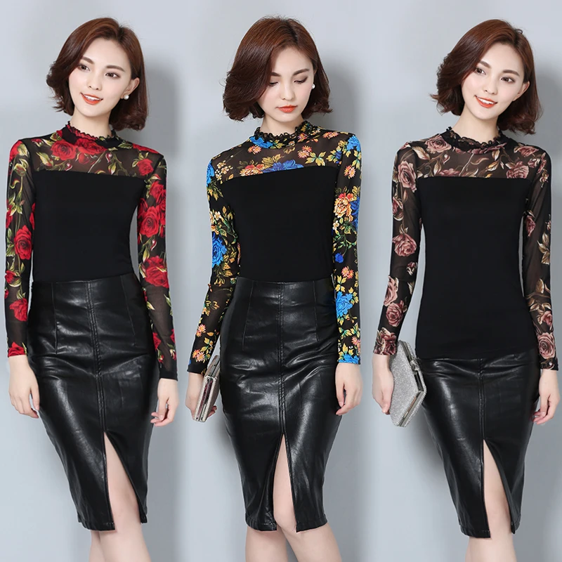 Новая осень зима мода женская блузка с длинными рубашка роза цветок плюс размер корейский женский шифоновые рукавами стиль рубашка 60i 25