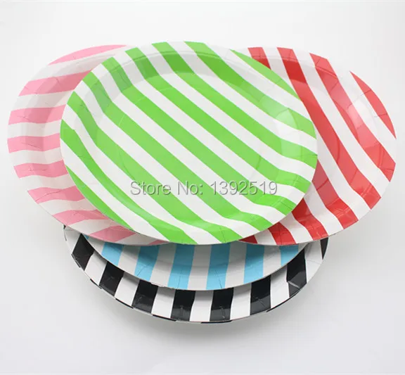 Free Shipping 30pcs 9inch Striped Paper Plates Wedding Party Dishes Tableware Mix of 5 Colors Green Pink Yellow Red Blue | Дом и сад
