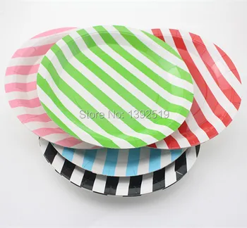 

Free Shipping 30pcs 9inch Striped Paper Plates Wedding Party Dishes Party Tableware Mix of 5 Colors Green Pink Yellow Red Blue