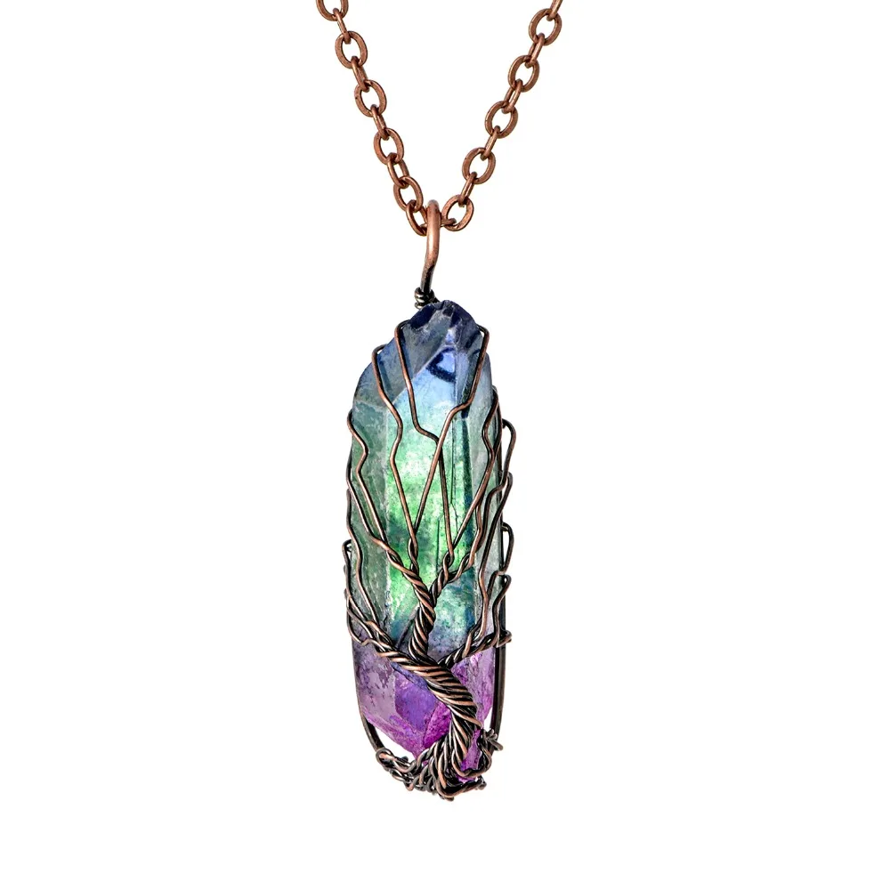Новая женская мода 7 Рэйки, лечение чакры Камень Кристалл кварц кулон ожерелье радуга цвет рок друзы Древо жизни кулон
